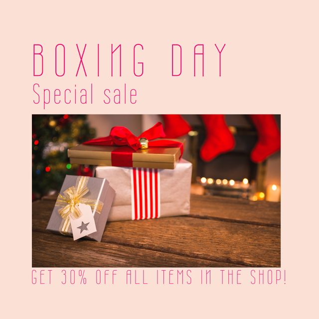 Boxing Day promotion with wrapped Christmas gifts in festive setting. Great for advertising holiday discounts, retail marketing campaigns, social media promotions, and seasonal sales events.