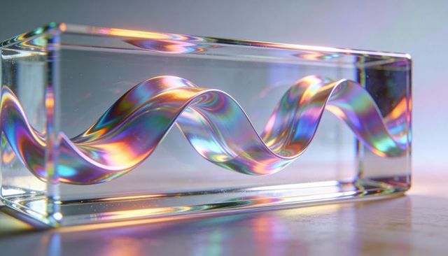 Iridescent helix encased in clear acrylic block refracting rainbow light and prism colors