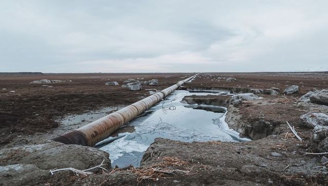 Rusty pipeline crossing desolate wetland landscape