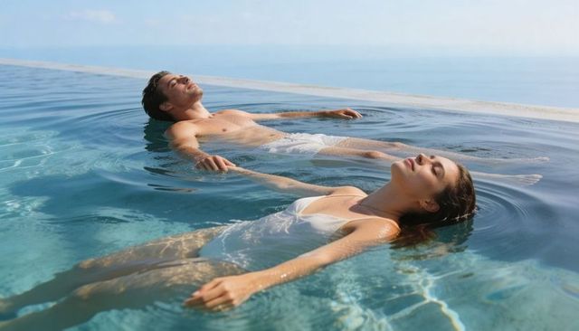 Floating couple drifting in infinity pool overlooking ocean relaxing under sun in white swimwear