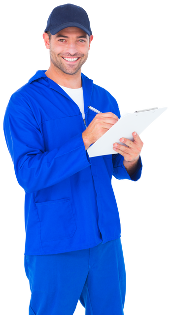 Transparent Happy Handsome Male Mechanic Writing Clip Board Blue Uniform - Download Free Stock Videos Pikwizard.com