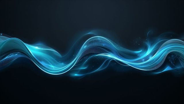 Luminous Blue Waves Flowing Across Dark Futuristic Background with Neon Particles