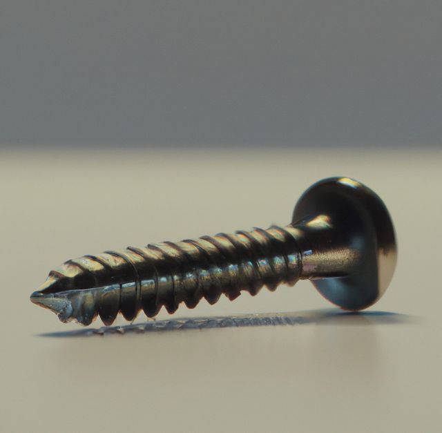 This detailed close-up shows a metal screw lying flat on a smooth surface. Ideal for use in construction, engineering, and DIY project illustrations, this image captures the intricacies of a threaded fastener.