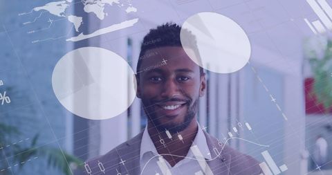 Businessman engaging with futuristic interface in office