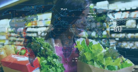 Woman holding groceries checking fresh produce using augmented reality shopping interface