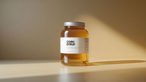 Corn syrup in transparent glass jar on minimalist beige surface