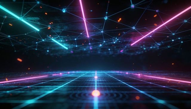 Neon holographic grid with floating mesh and glowing orb, futuristic cyber network scene