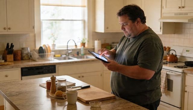 Man Holding Tablet Tapping Screen at Kitchen Island, Casual Home Cooking and Tech