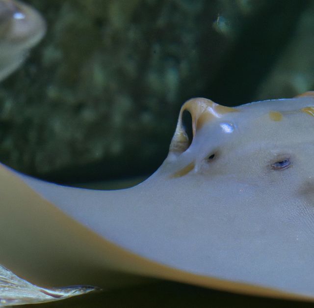 Detailed close-up view of a stingray swimming underwater, showcasing its smooth body and elegant movements. Perfect for use in educational materials about marine life, oceanography websites, and wildlife documentaries.