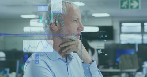 Thoughtful Businessman Analyzing Digital Financial Data in Modern Office