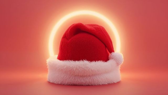 Plush santa hat with fur trim and glowing halo on red minimalist background