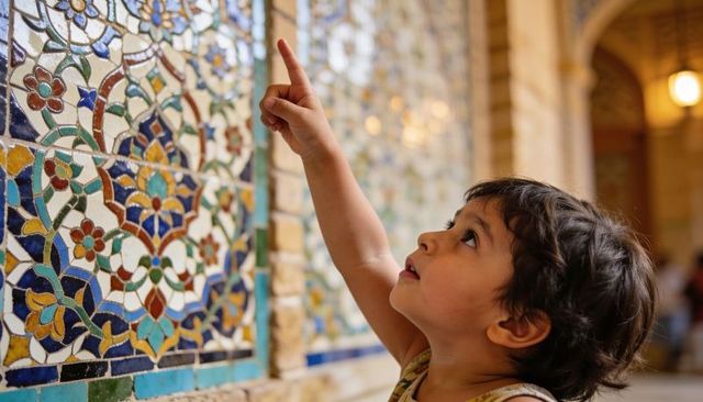 Pointing toddler exploring ornate ceramic mosaic tilework in historic arched corridor