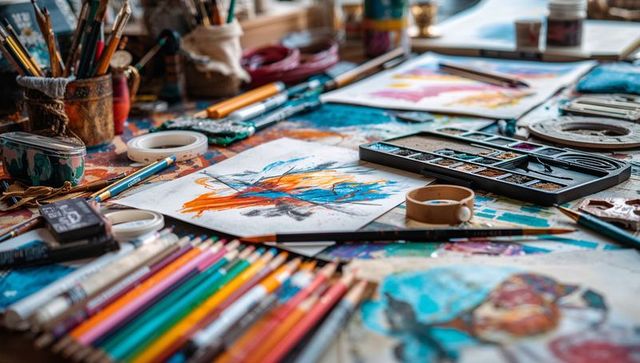 Creative art studio with sketches and supplies on table