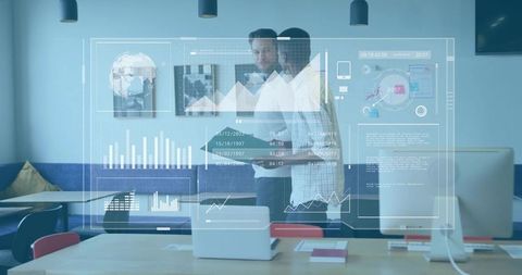 Business Analysts Collaborating with Augmented Data Dashboard for Strategic Decision Making