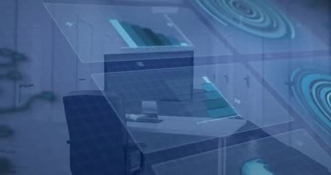 Modern Office with Rotating Chair and Floating Digital Panels