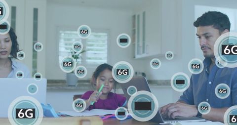 Family using laptops for remote work and learning with conceptual 6g graphics