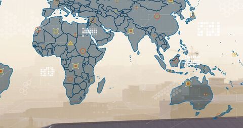 Digital global map overlay with financial data on cityscape