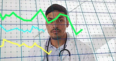 Male Doctor Reviewing Medical Data Overlay with Colorful Line Charts and Grid Analytics
