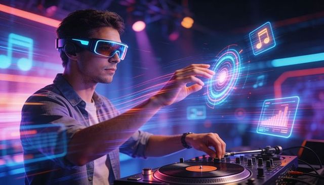Dj mixing vinyl with augmented reality controls wearing neon ar goggles in futuristic nightclub