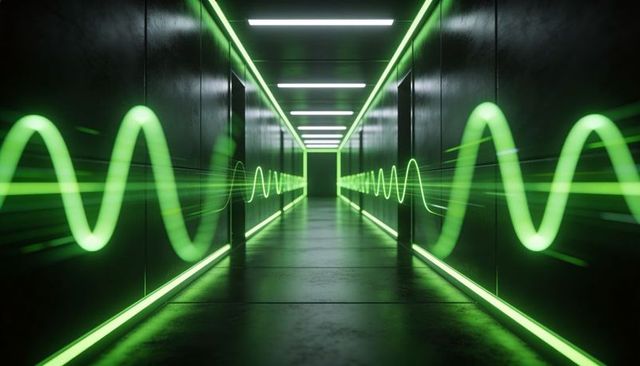 Glowing Neon Sine-Wave Corridor Leading Toward Distant Doorway in Futuristic Tech Hub