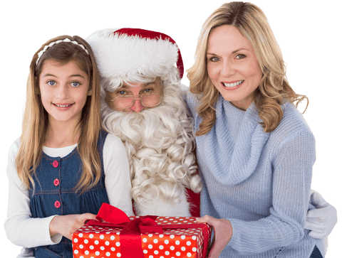 Cheerful Family with Santa Claus Holding Transparent Gift