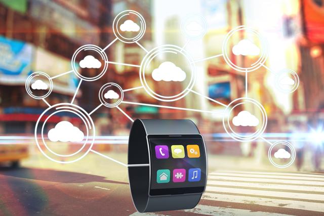 Smartwatch displaying various apps with cloud connectivity icons in a bustling city background. Ideal for illustrating concepts of modern technology, urban connectivity, wearable tech, and digital innovation. Suitable for use in tech blogs, advertisements, and articles on smart devices and cloud computing.