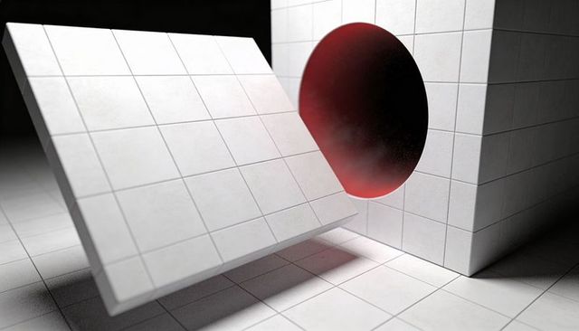 Leaning white tiled panel tilting toward viewer with red circular aperture and cube grid