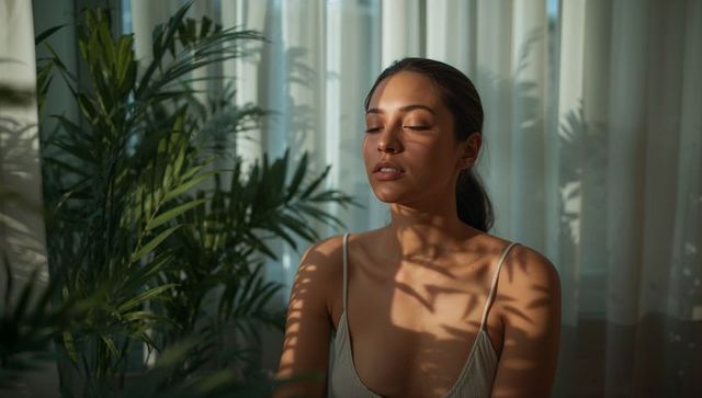 Sunlit woman closing eyes meditating among indoor palms and sheer curtains