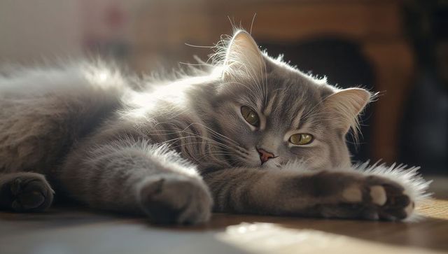Sunlit longhaired gray cat stretching on wooden floor, relaxed domestic pet portrait