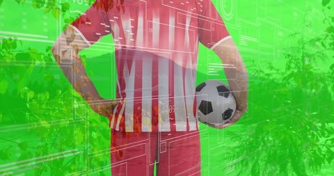 Soccer Player in Striped Jersey Holding Ball with Digital Overlays