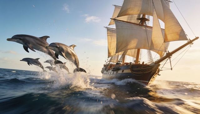 Three-masted tall ship sailing at golden hour with leaping dolphins over choppy ocean