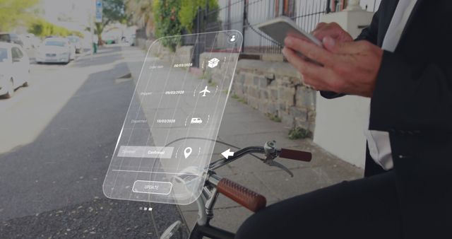 Businessman in suit using augmented reality interface on tablet for travel planning, riding bicycle in urban environment. Perfect for concepts related to business travel, technological advancements, urban commuting, and innovative solutions in planning and scheduling.