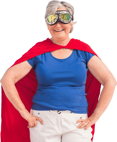 Cheerful Senior Woman in Superhero Costume with Transparent Background