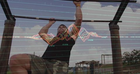 Fit man performing pull-up on outdoor bar with colorful fitness data overlay