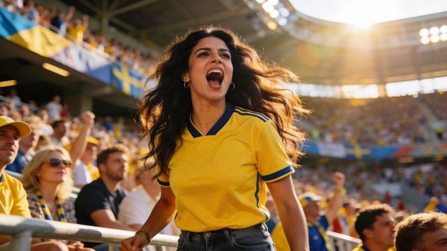 Female fan cheering in yellow jersey at sunlit stadium during soccer match celebration