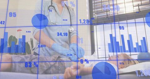 Pediatric nurse examining child on exam bed with healthcare data overlay