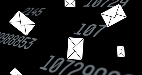 Floating envelope icons with changing numbers on black background