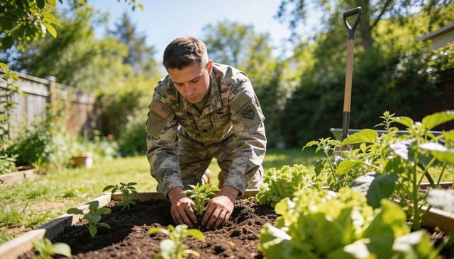 Soldier planting seedlings in backyard raised garden bed wearing us army uniform