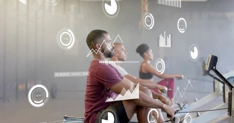 Indoor rowing training with real-time analytics overlay showing performance metrics