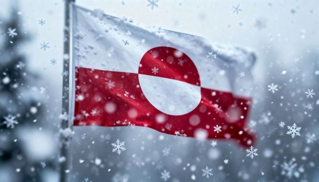 Greenland flag waving through snowfall over frosted forest, winter patriotism, arctic symbolism