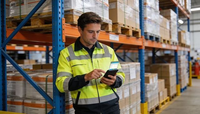 Warehouse worker scanning inventory with handheld tablet while leaning on pallet racking