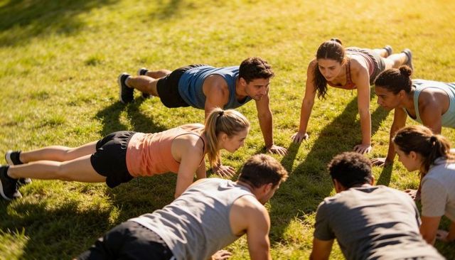 Group performing plank and push-up circuit on grass in park, outdoor fitness team training