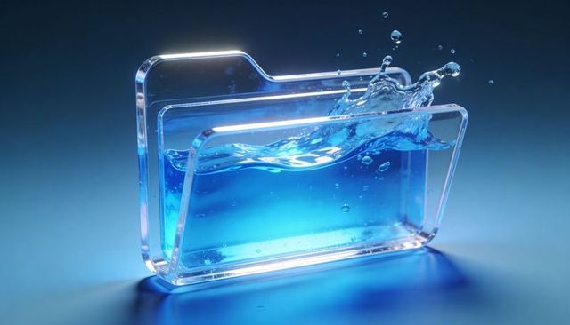 Transparent folder containing dynamic blue liquid wave splashing out, acrylic digital concept