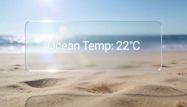 Transparent hud displaying ocean temp 22°c floating over rippling sand on sunny beach