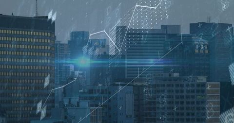 Displaying urban skyline with digital data overlays and cyan lens flare, futuristic cityscape