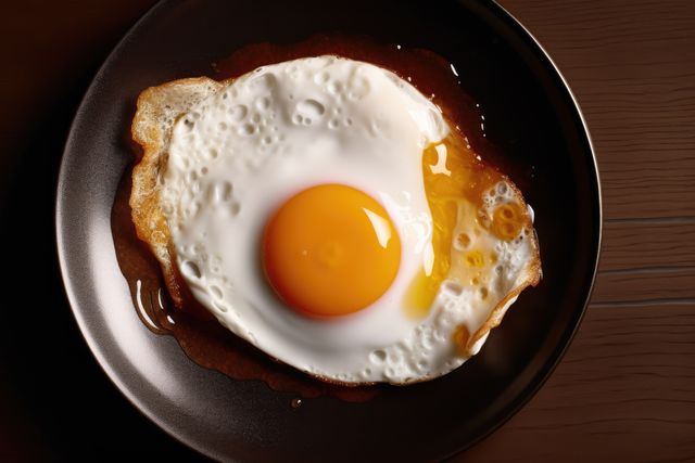 A freshly cooked sunny-side-up egg sits on a plate. Perfect for a nutritious breakfast, the egg offers a protein-rich start to the day.