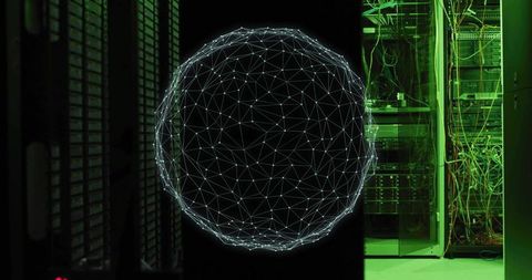 Floating wireframe sphere hologram in data center corridor with open rack cables