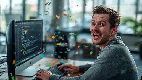 Joyful software developer celebrating code milestone at modern office desk with confetti