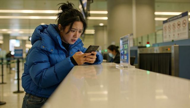 Worried traveler checking smartphone at airport security counter in blue puffer jacket