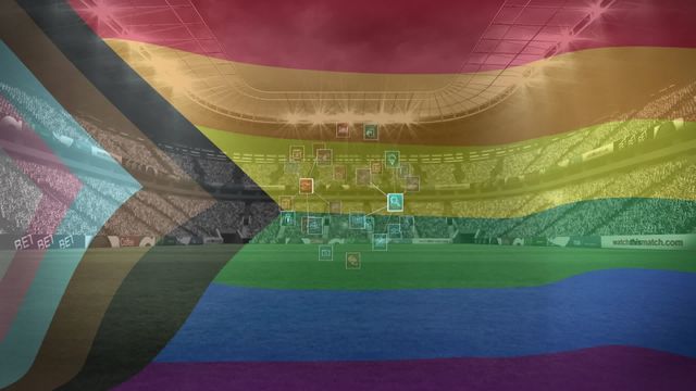 Illustration shows a digital interface with an LGBTQ pride flag and connections over a soccer stadium. It can be used for topics about technology integration in sports, promoting diversity and inclusivity in athletic events, or highlighting efforts toward equality and acceptance in sports. Suitable for articles, presentations, or social media posts focusing on the importance of technology in fostering diverse environments.